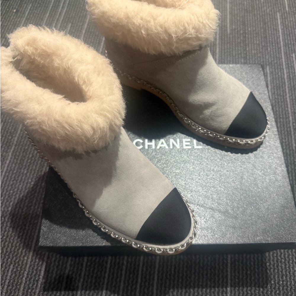 CHANEL Ankle Boots - Cream and Blue with Chain Detail